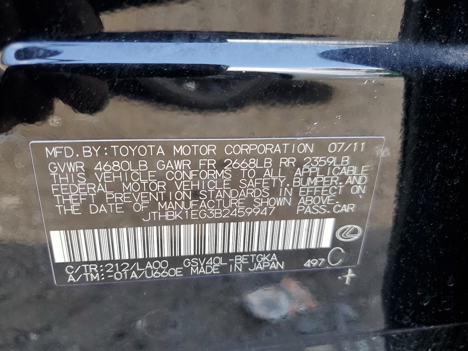 JTHBK1EG3B2459947 2011 Lexus Es 350