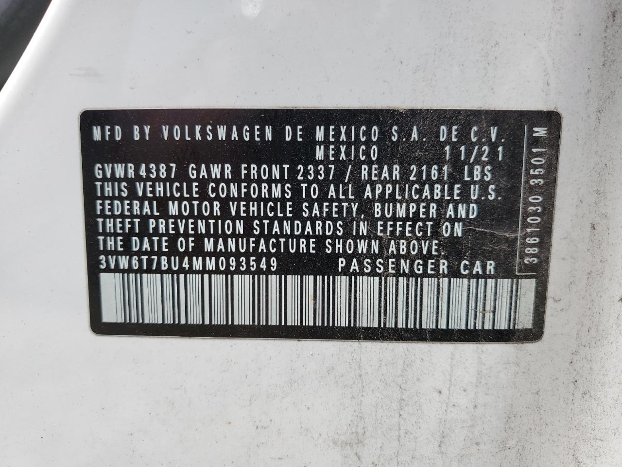 2021 Volkswagen Jetta Gli VIN: 3VW6T7BU4MM093549 Lot: 63142204