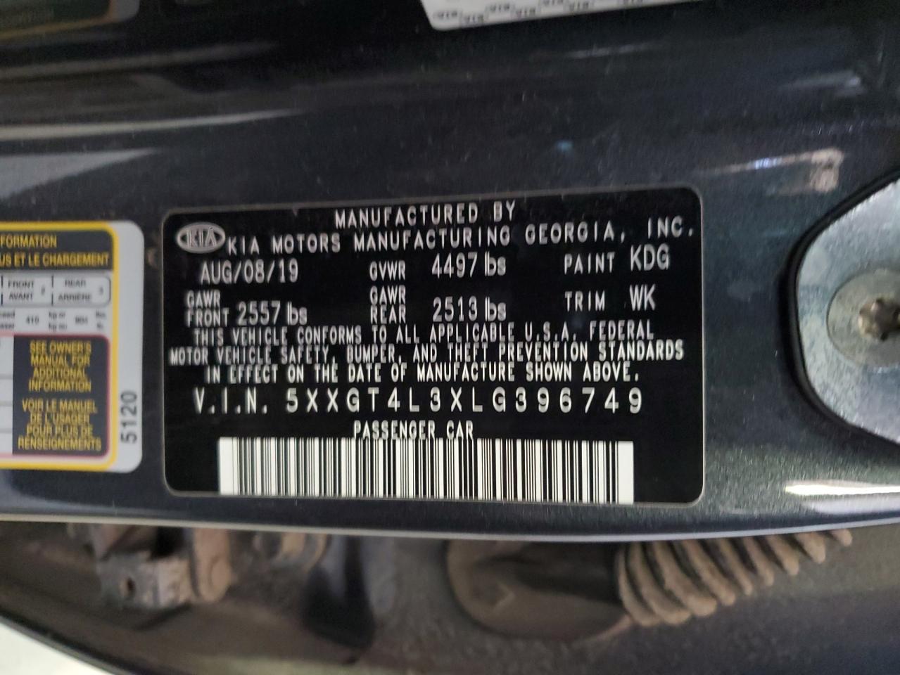 2020 Kia Optima Lx VIN: 5XXGT4L3XLG396749 Lot: 61517334