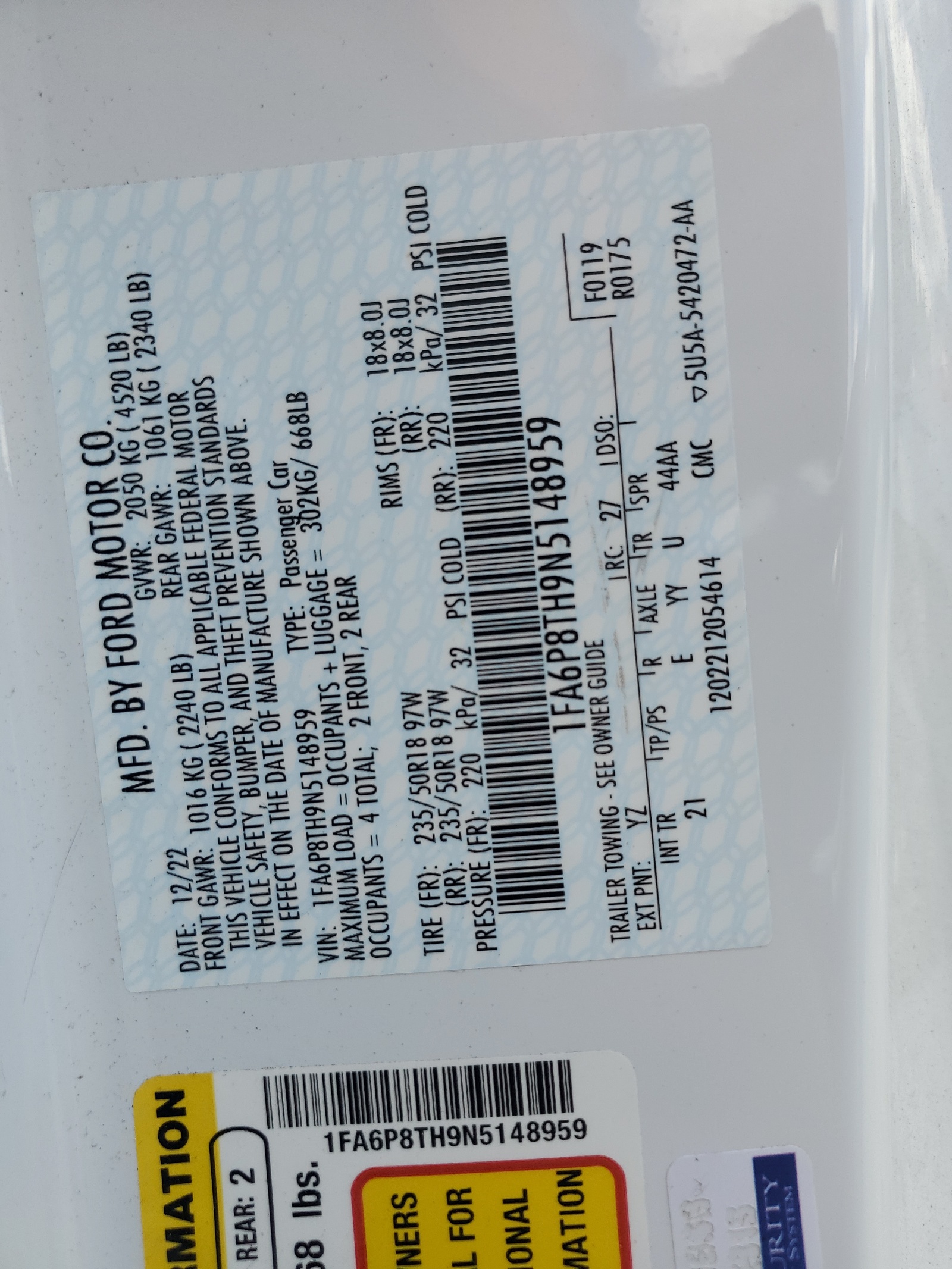 1FA6P8TH9N5148959 2022 Ford Mustang