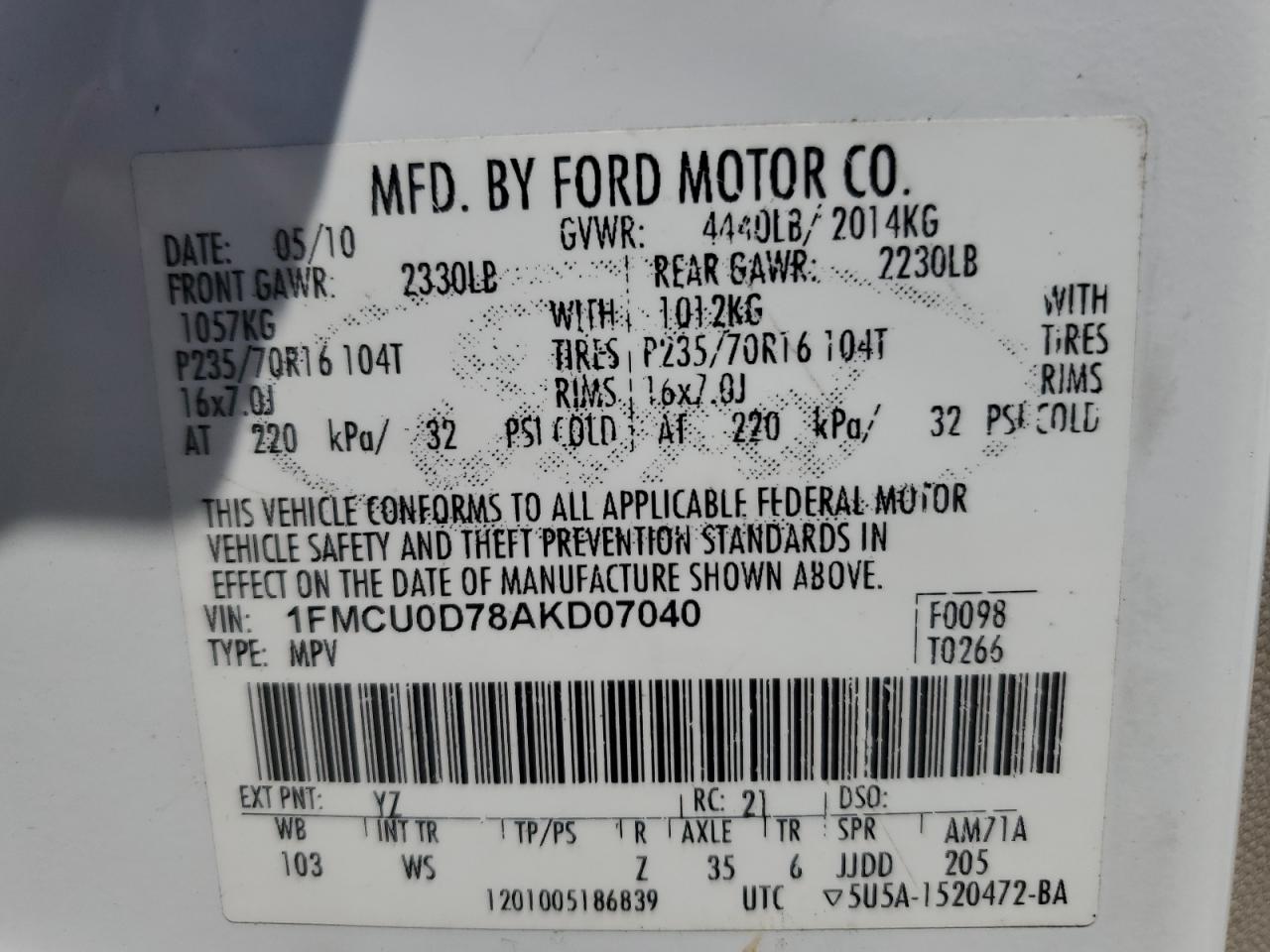 2010 Ford Escape Xlt VIN: 1FMCU0D78AKD07040 Lot: 64494434