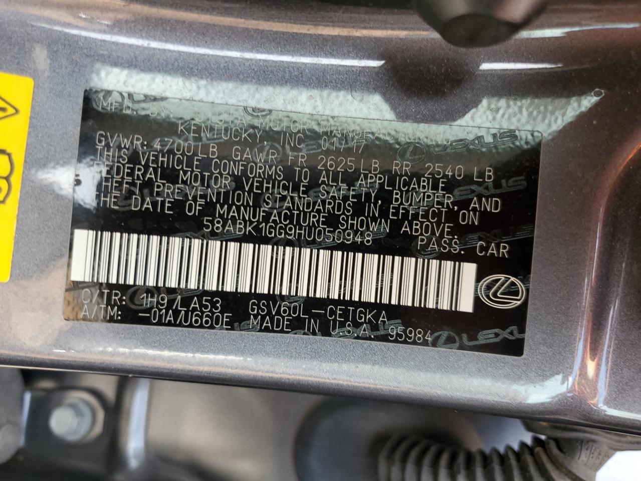 2017 Lexus Es 350 VIN: 58ABK1GG9HU050948 Lot: 65278544