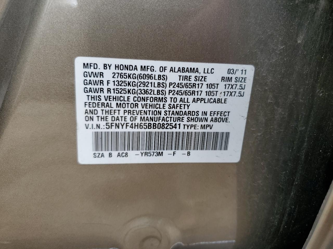 2011 Honda Pilot Exl VIN: 5FNYF4H65BB082541 Lot: 62899224