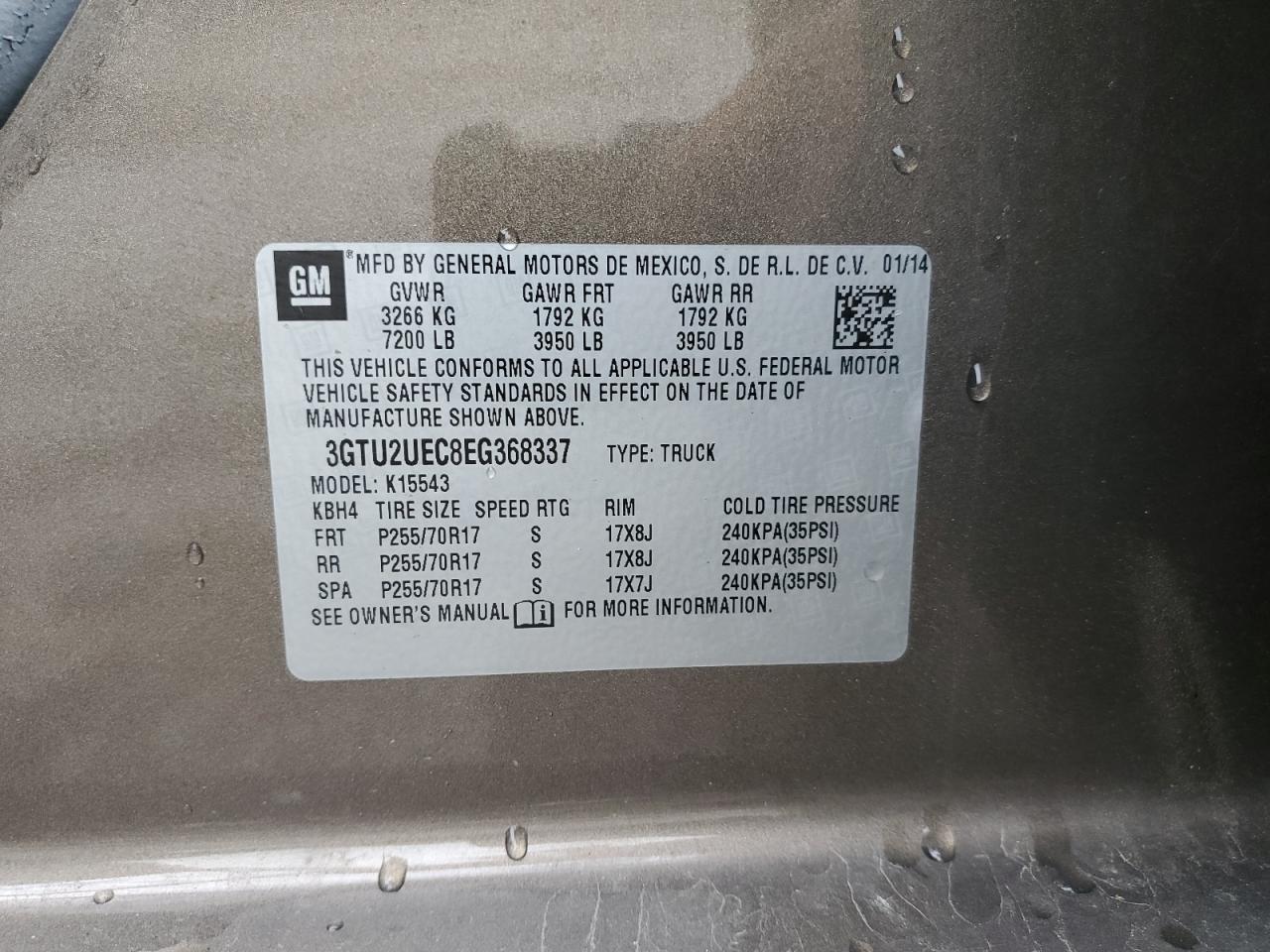 2017 GMC Sierra K1500 Sle VIN: 3GTU2UEC8EG368337 Lot: 63032684