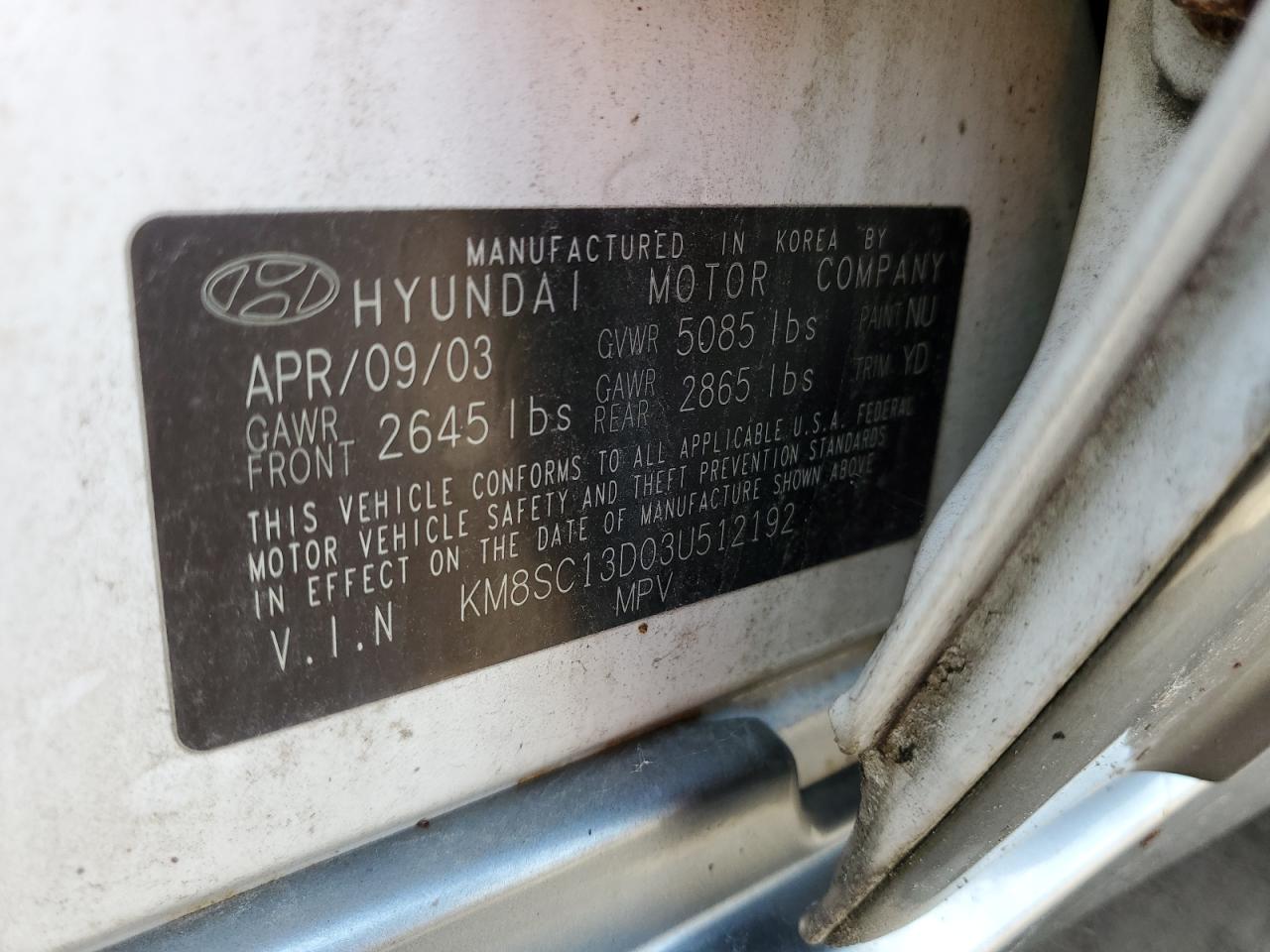 KM8SC13D03U512192 2003 Hyundai Santa Fe Gls