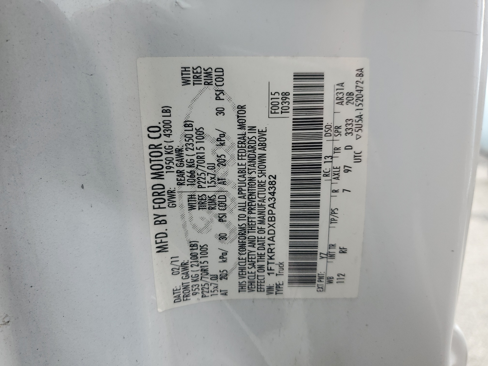 1FTKR1ADXBPA34382 2011 Ford Ranger