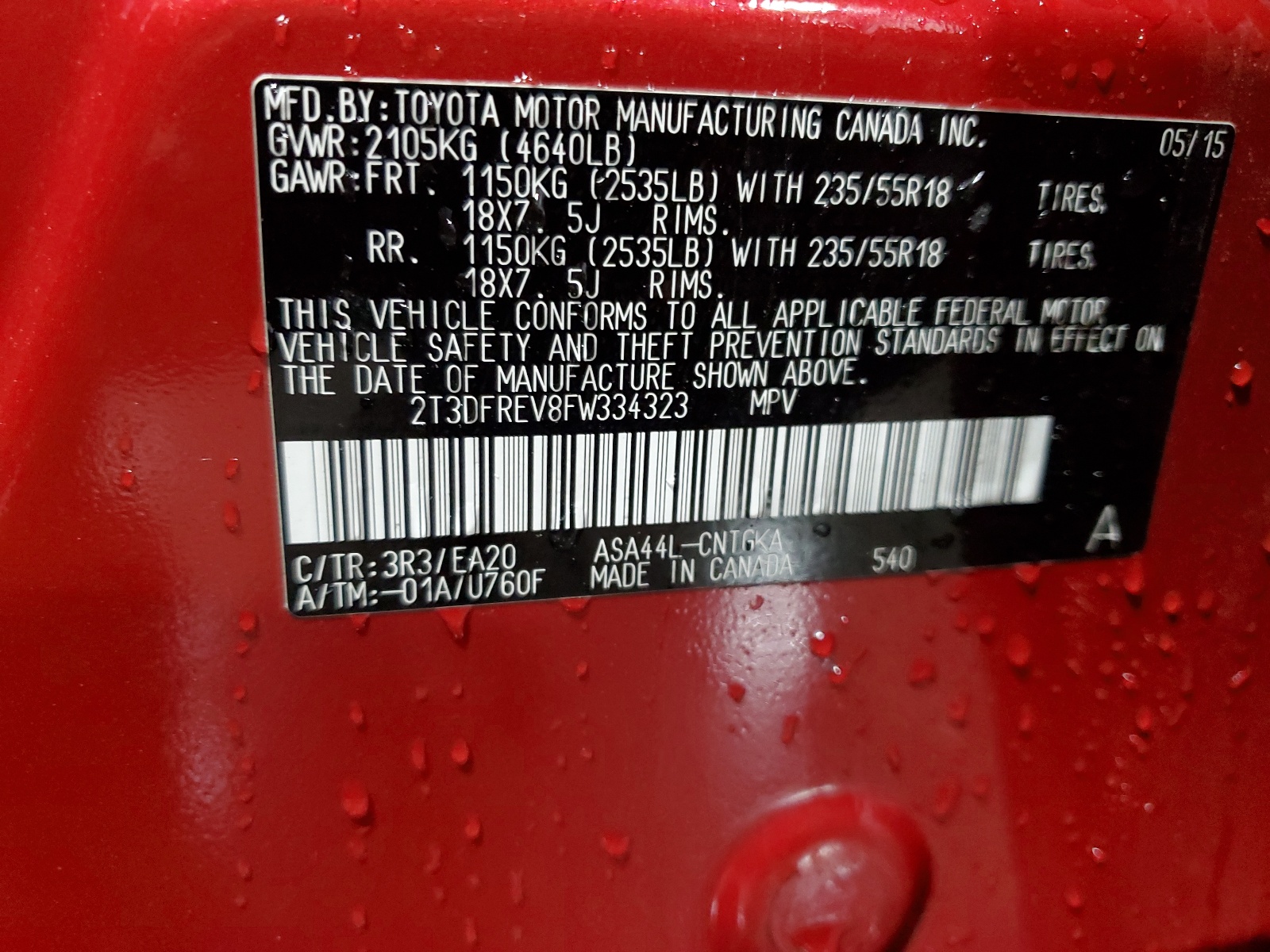 2T3DFREV8FW334323 2015 Toyota Rav4 Limited