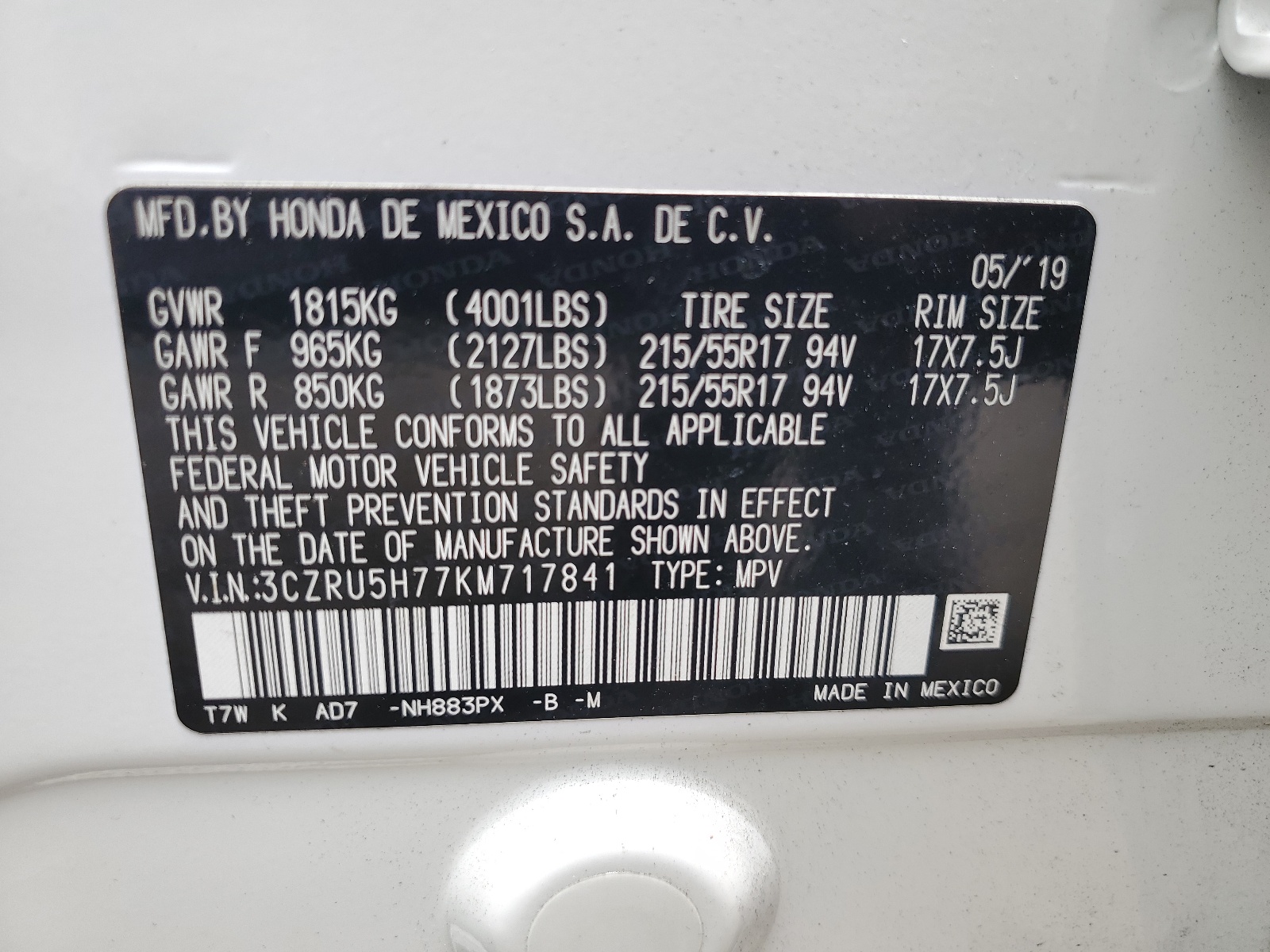 3CZRU5H77KM717841 2019 Honda Hr-V Exl