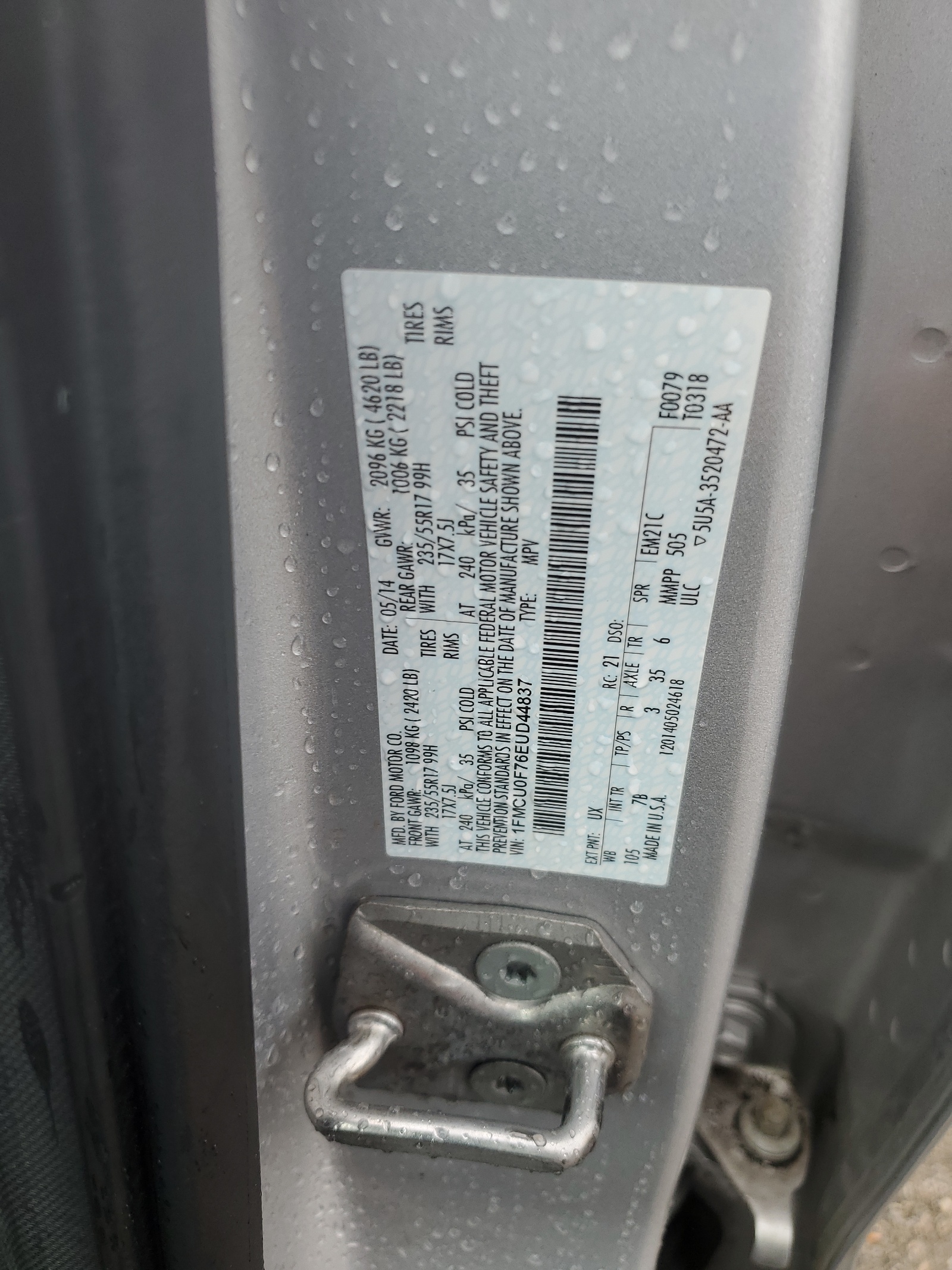 1FMCU0F76EUD44837 2014 Ford Escape S