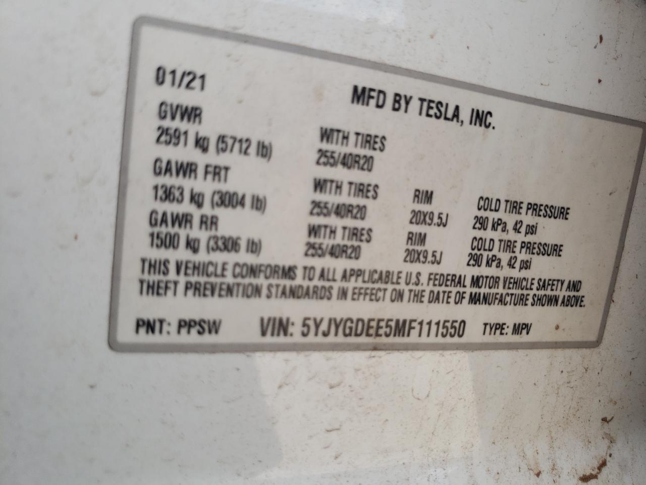 2021 Tesla Model Y VIN: 5YJYGDEE5MF111550 Lot: 61527244