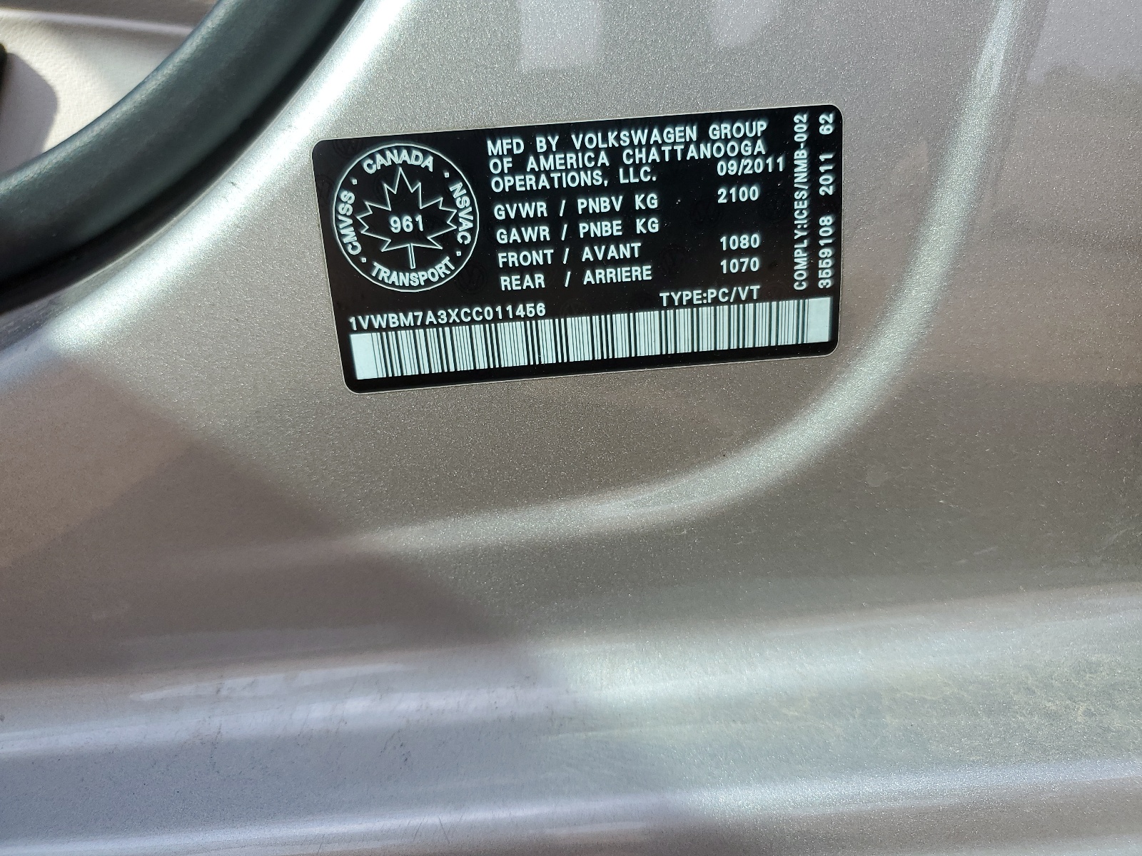 1VWBM7A3XCC011456 2012 Volkswagen Passat Se