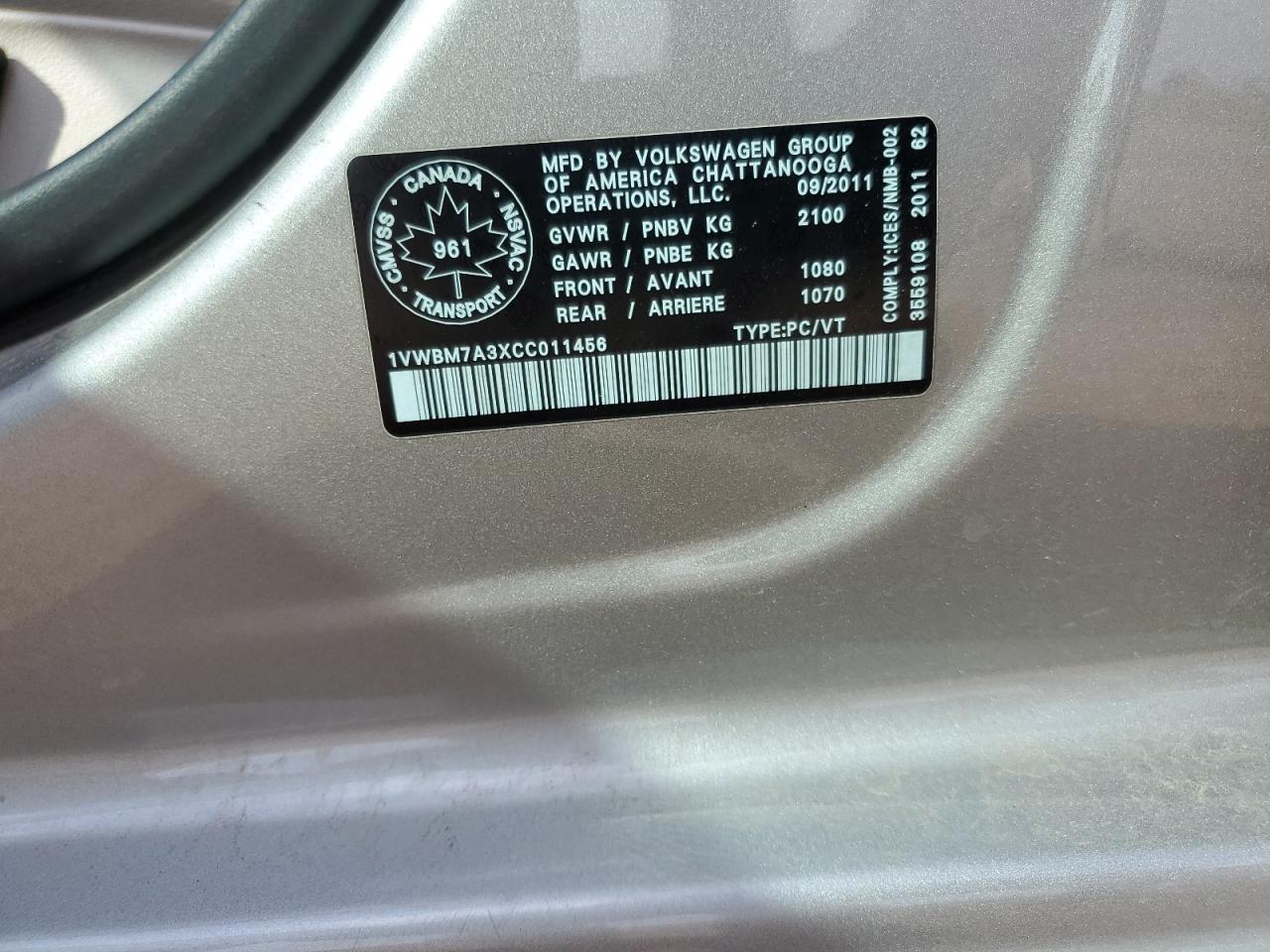 2012 Volkswagen Passat Se VIN: 1VWBM7A3XCC011456 Lot: 62504134