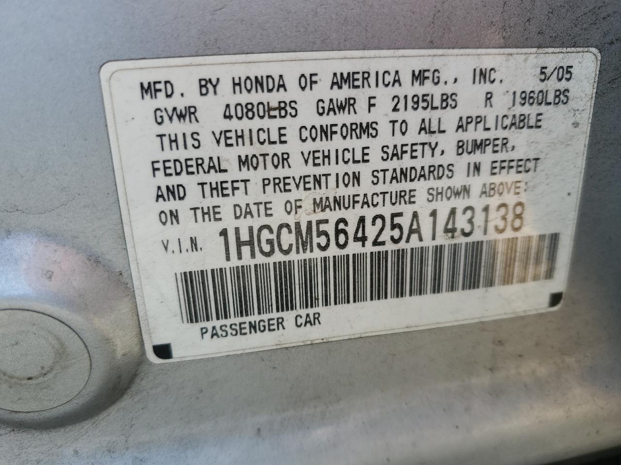 2005 Honda Accord Lx VIN: 1HGCM56425A143138 Lot: 61876804