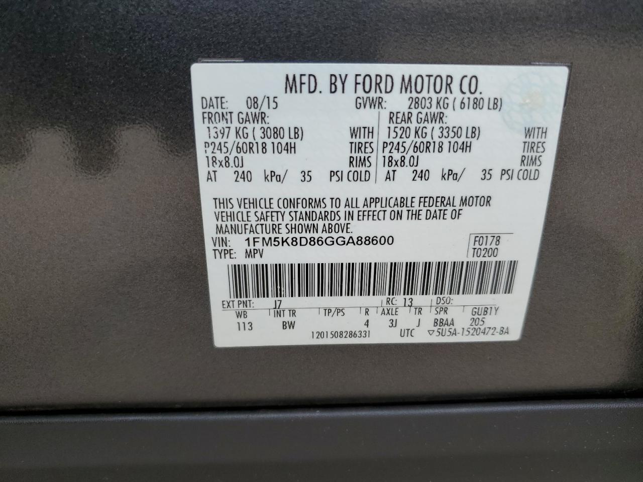 2016 Ford Explorer Xlt VIN: 1FM5K8D86GGA88600 Lot: 61497584