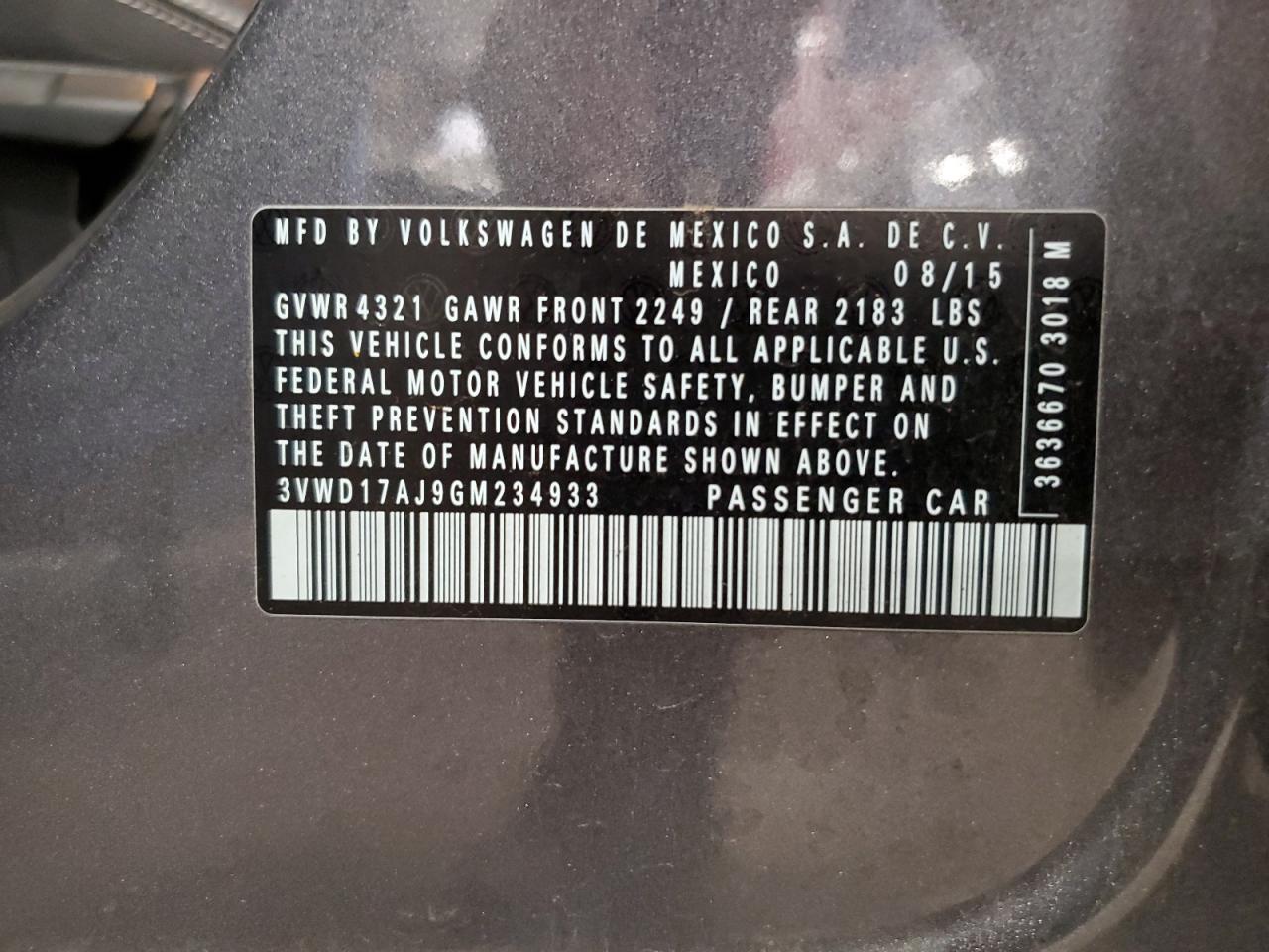 2016 Volkswagen Jetta Sport VIN: 3VWD17AJ9GM234933 Lot: 64570684