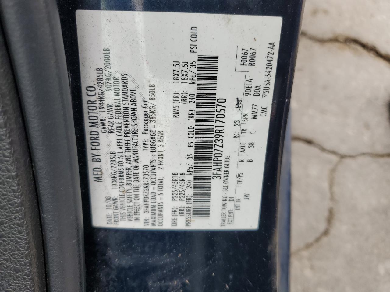 3FAHP07Z39R170570 2009 Ford Fusion Se