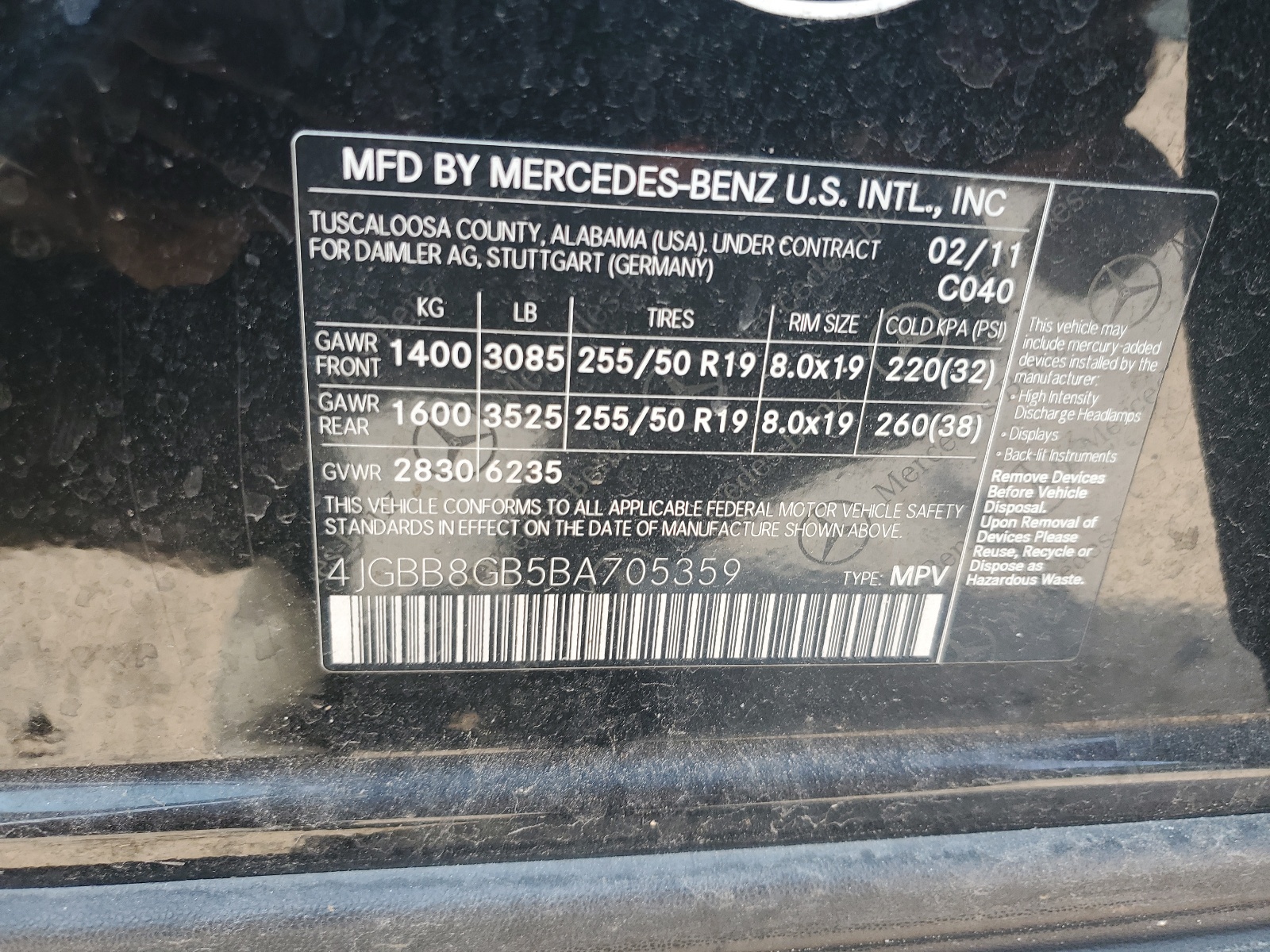 4JGBB8GB5BA705359 2011 Mercedes-Benz Ml 350 4Matic