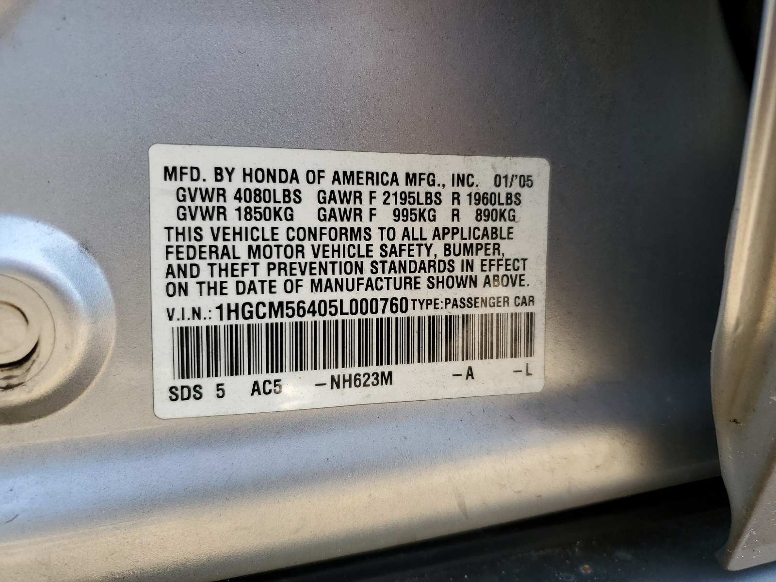 1HGCM56405L000760 2005 Honda Accord Lx