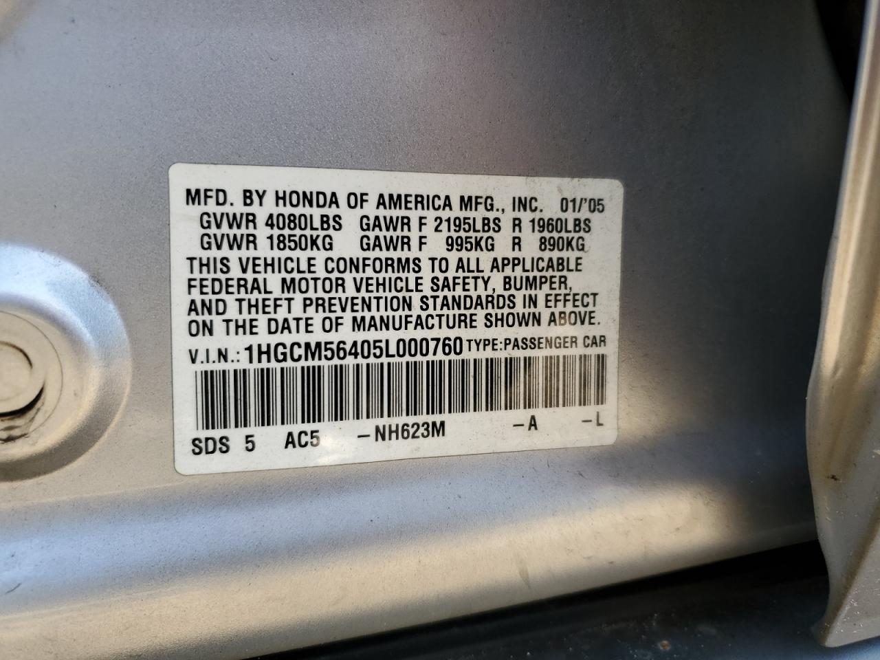 2005 Honda Accord Lx VIN: 1HGCM56405L000760 Lot: 62633094