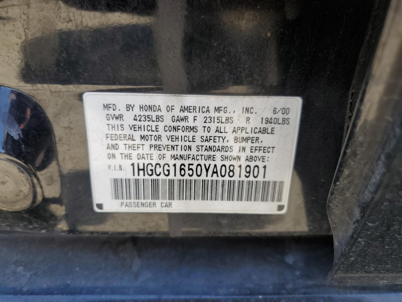 1HGCG1650YA081901 2000 Honda Accord Ex