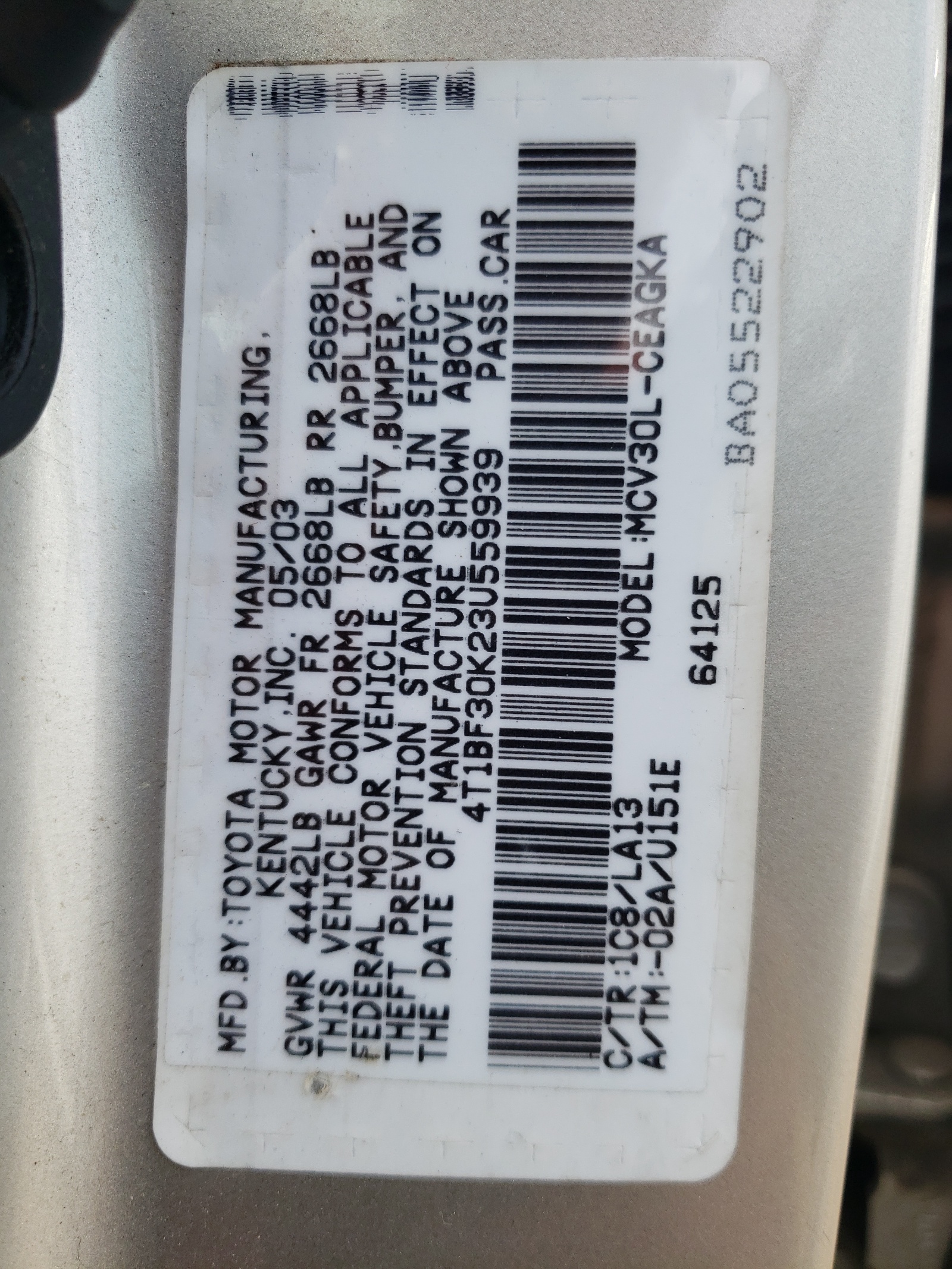 4T1BF30K23U559939 2003 Toyota Camry Le