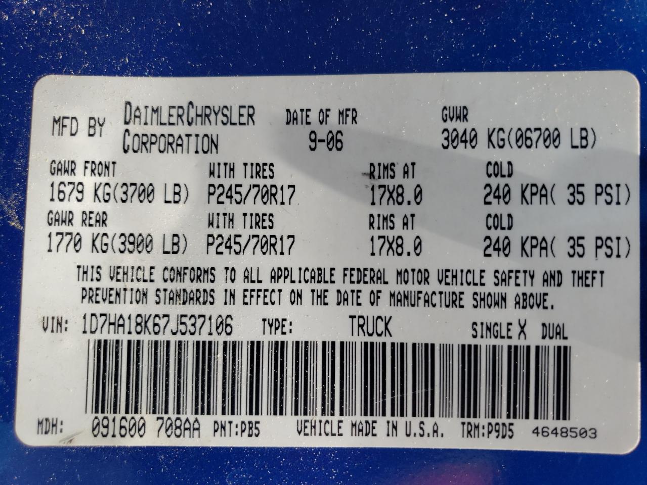 2007 Dodge Ram 1500 St VIN: 1D7HA18K67J537106 Lot: 59674174