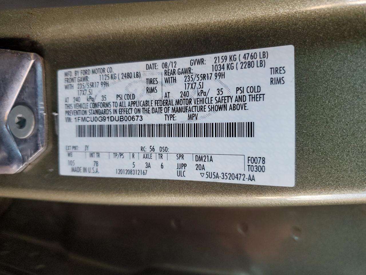 1FMCU0G91DUB00673 2013 Ford Escape Se