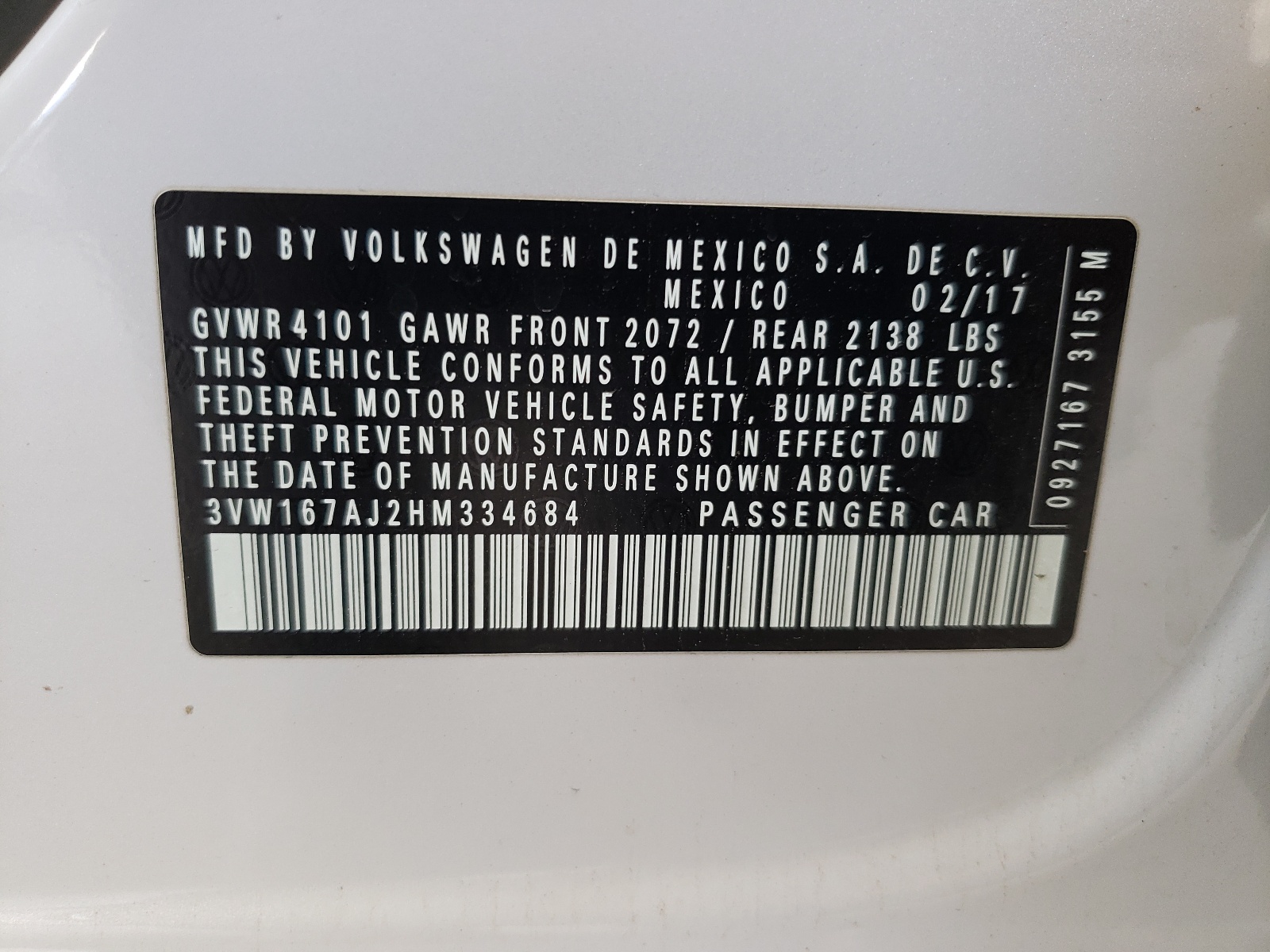 3VW167AJ2HM334684 2017 Volkswagen Jetta S