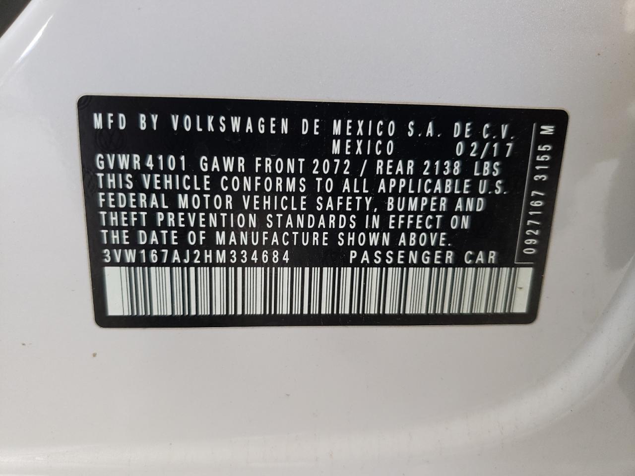 2017 Volkswagen Jetta S VIN: 3VW167AJ2HM334684 Lot: 62700794