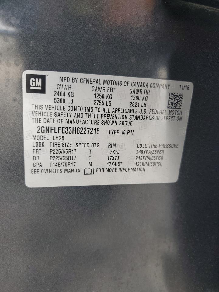 2017 Chevrolet Equinox Lt VIN: 2GNFLFE33H6227216 Lot: 64000074