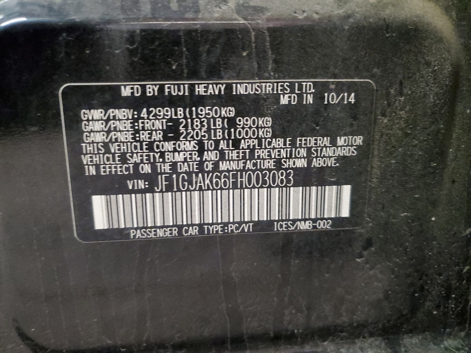 JF1GJAK66FH003083 2015 Subaru Impreza Premium Plus