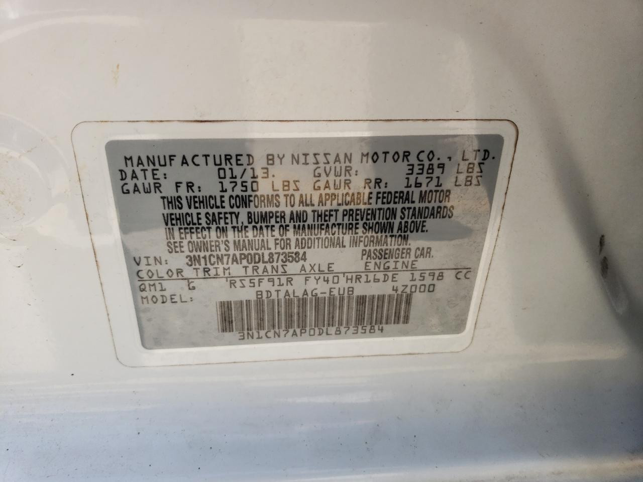 3N1CN7AP0DL873584 2013 Nissan Versa S