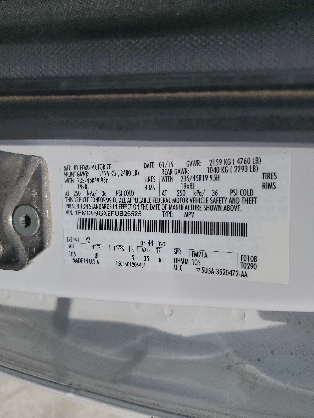 1FMCU9GX9FUB26525 2015 Ford Escape Se