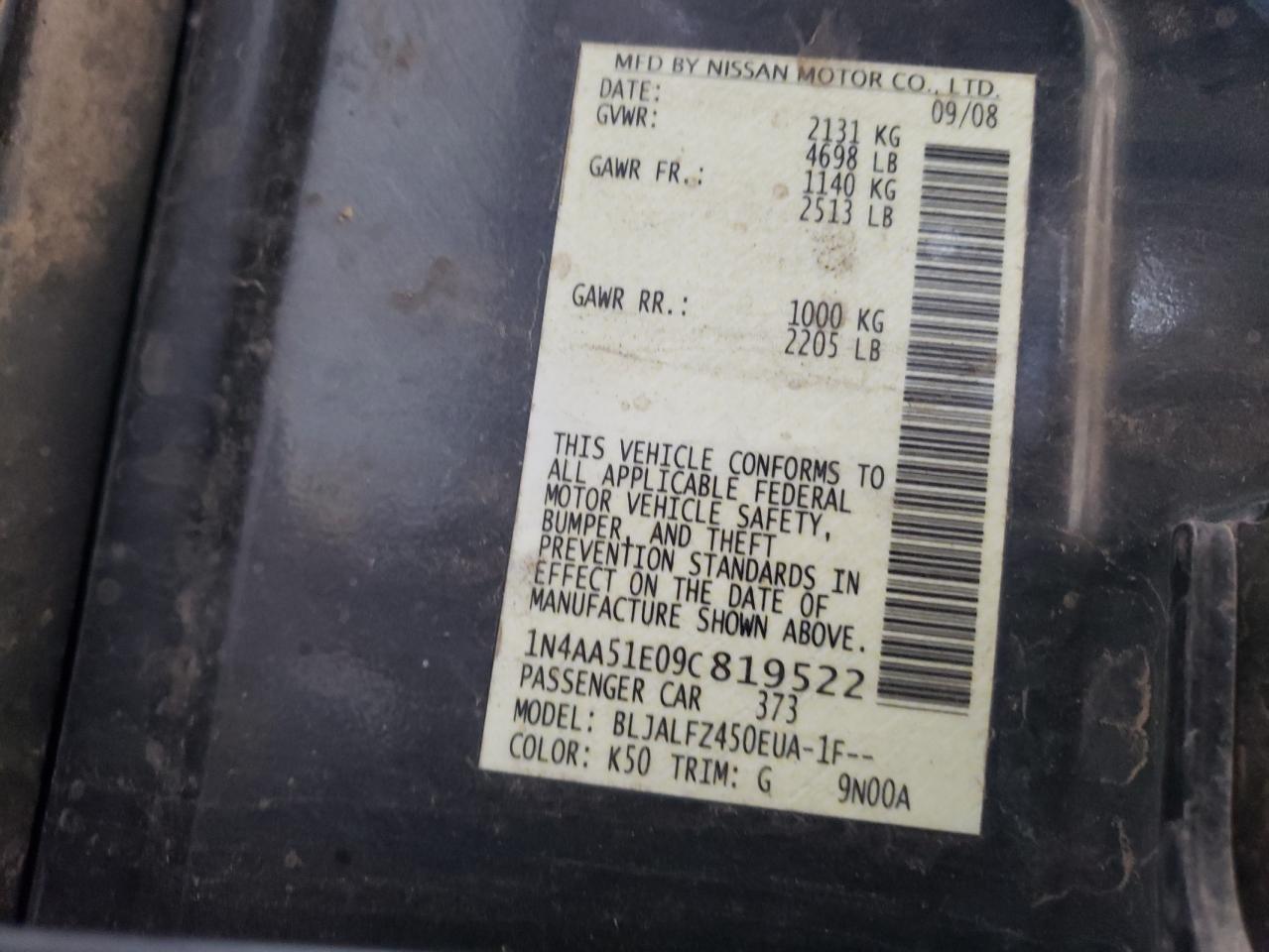 2009 Nissan Maxima S VIN: 1N4AA51E09C819522 Lot: 65403434