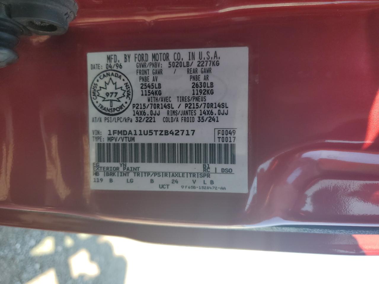 1996 Ford Aerostar VIN: 1FMDA11U5TZB42717 Lot: 61195004