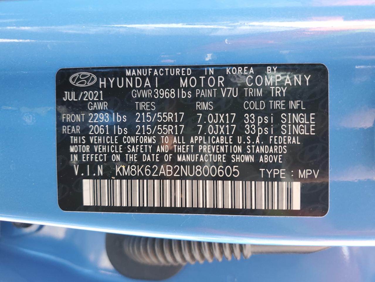 2022 Hyundai Kona Sel VIN: KM8K62AB2NU800605 Lot: 63522204