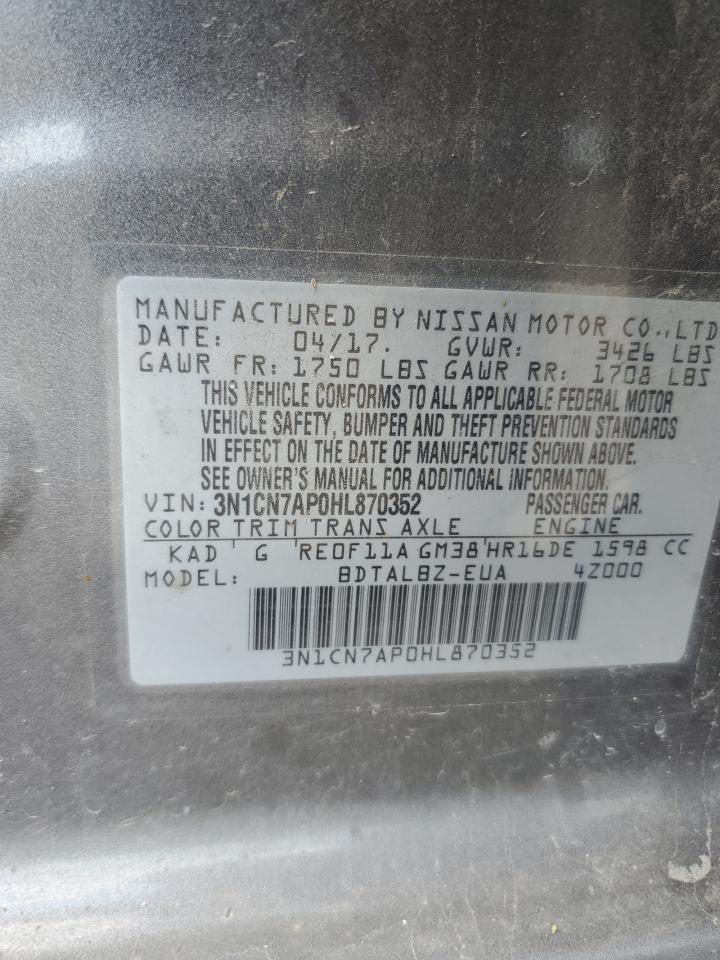 2017 Nissan Versa S VIN: 3N1CN7AP0HL870352 Lot: 62933834