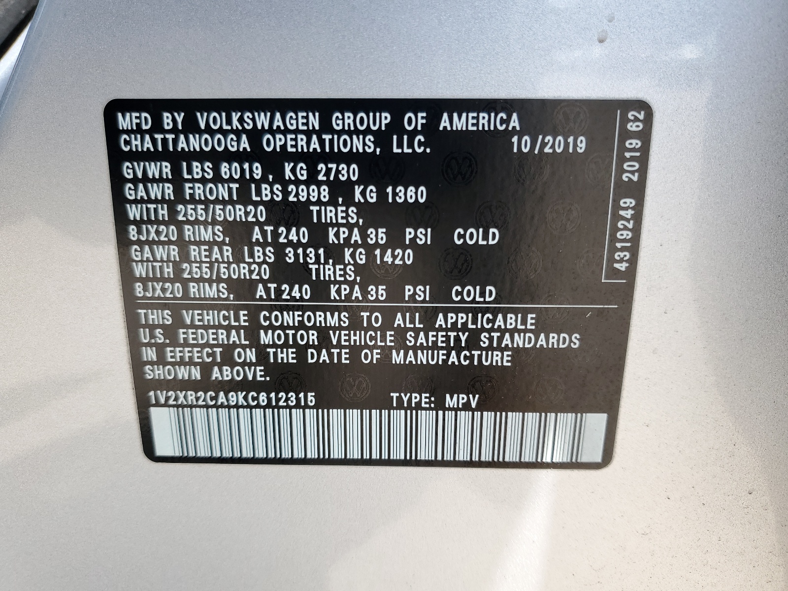 1V2XR2CA9KC612315 2019 Volkswagen Atlas Se