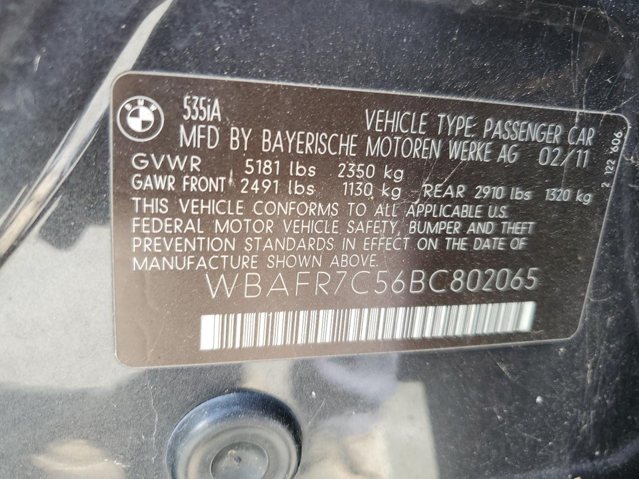 2011 BMW 535 I VIN: WBAFR7C56BC802065 Lot: 62876334