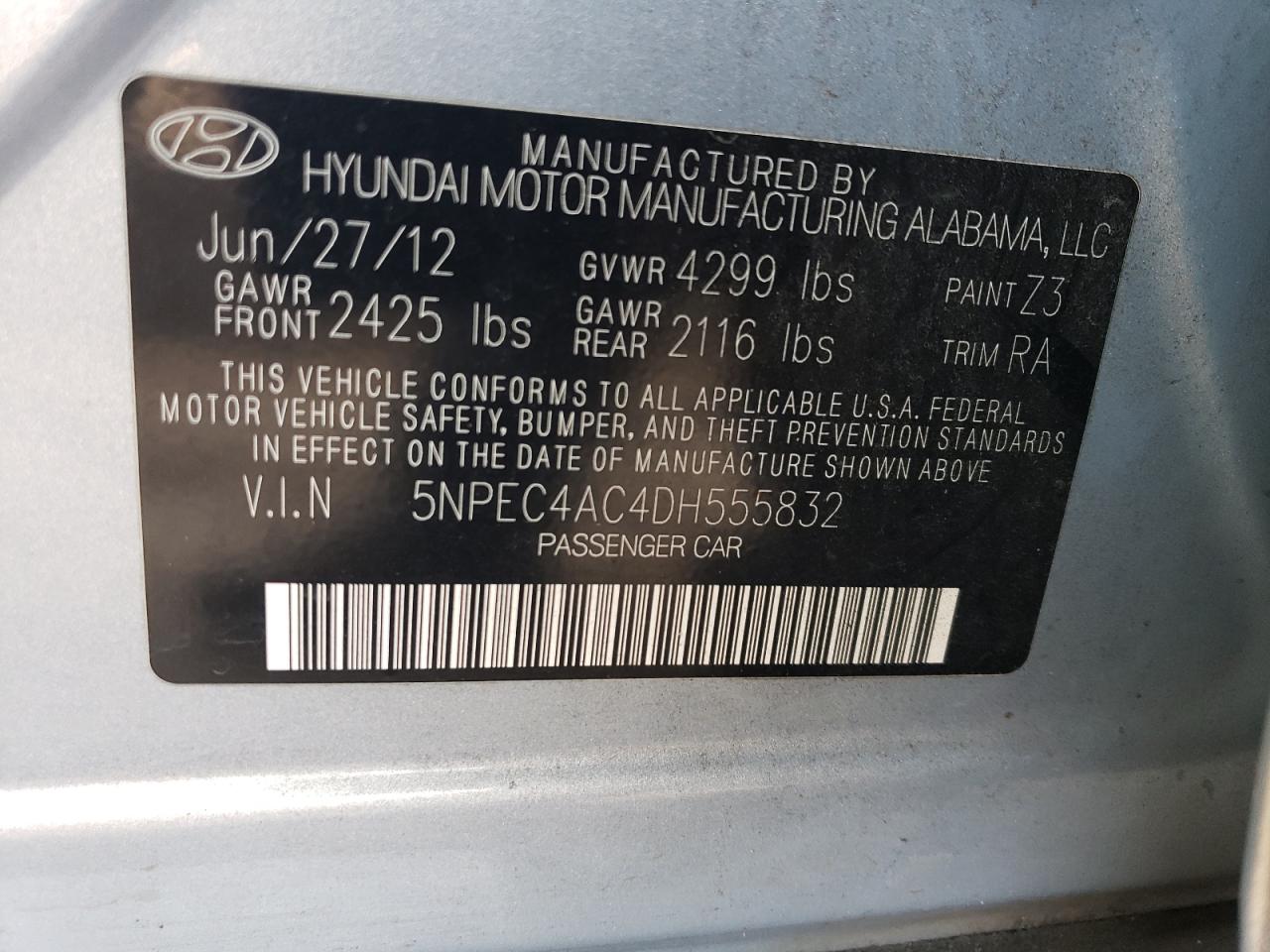 2013 Hyundai Sonata Se VIN: 5NPEC4AC4DH555832 Lot: 62840094