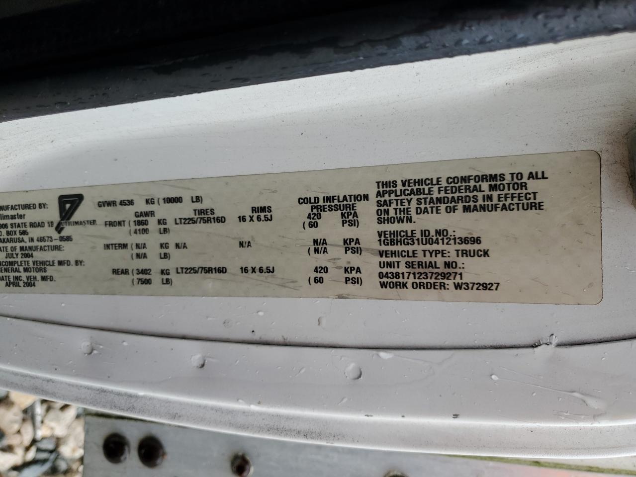 2004 Chevrolet Express G3500 VIN: 1GBHG31U041213696 Lot: 64669144