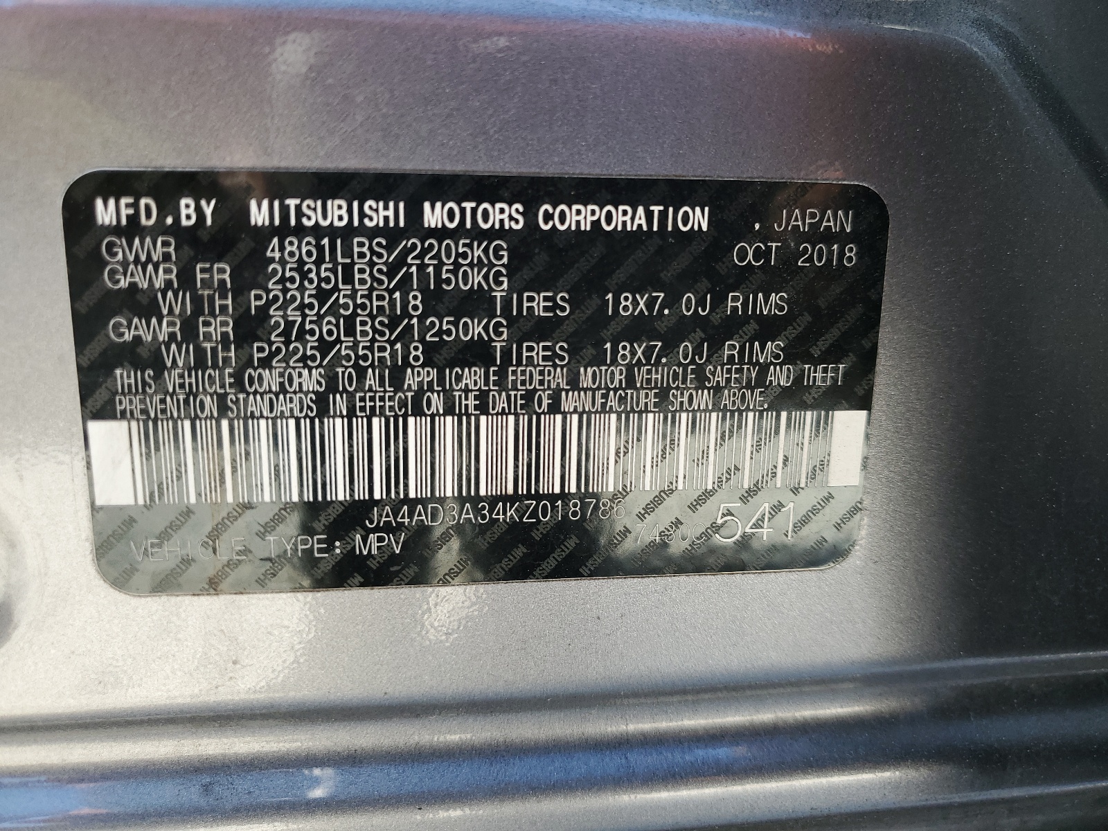 JA4AD3A34KZ018786 2019 Mitsubishi Outlander Se