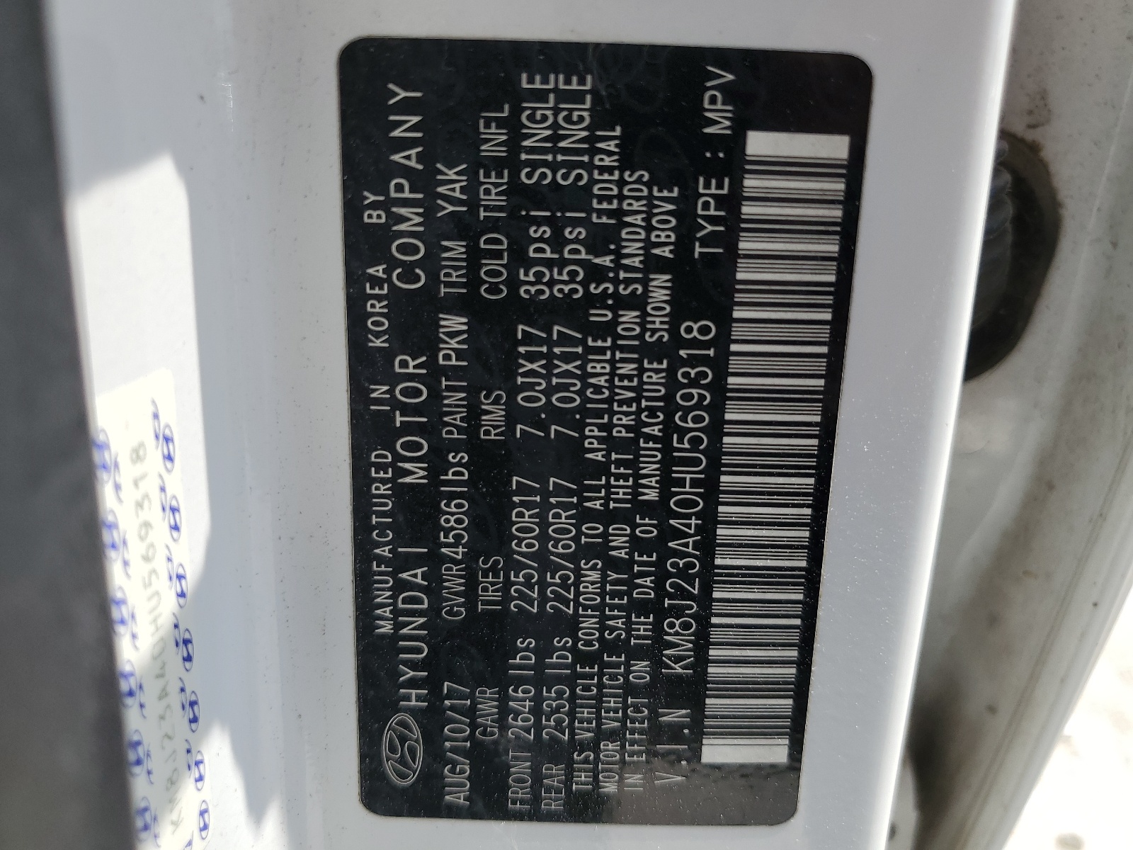 KM8J23A40HU569318 2017 Hyundai Tucson Se