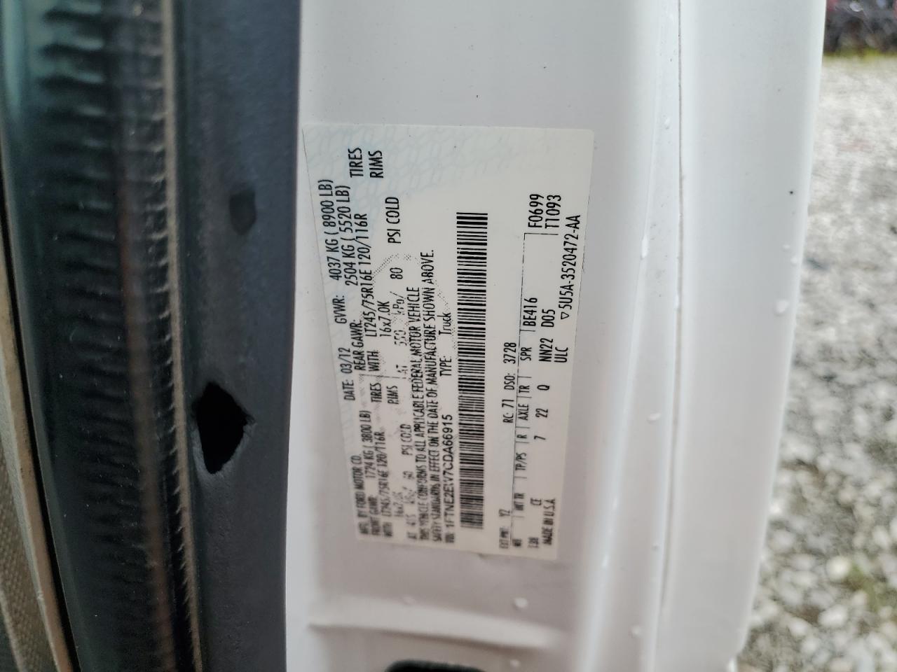 2012 Ford Econoline E250 Van VIN: 1FTNE2EW7CDA66915 Lot: 63976694