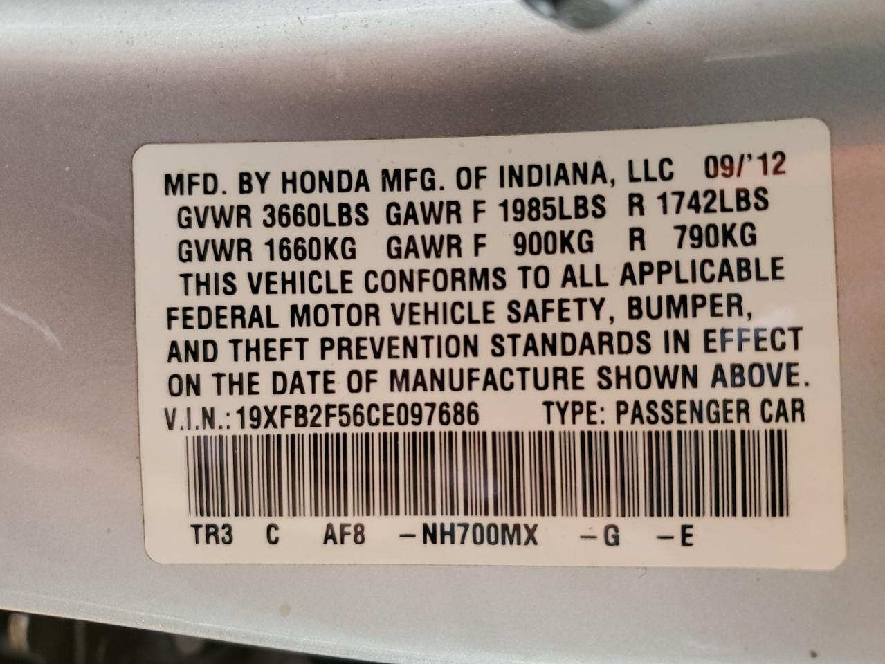 19XFB2F56CE097686 2012 Honda Civic Lx