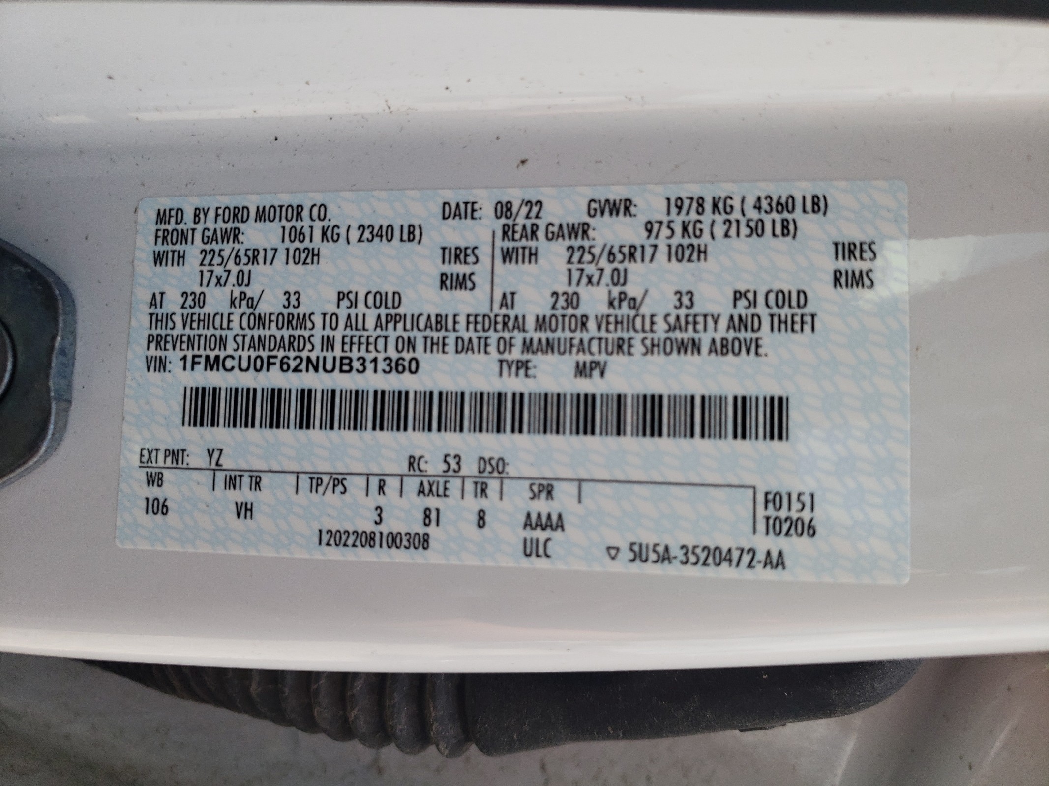 1FMCU0F62NUB31360 2022 Ford Escape S