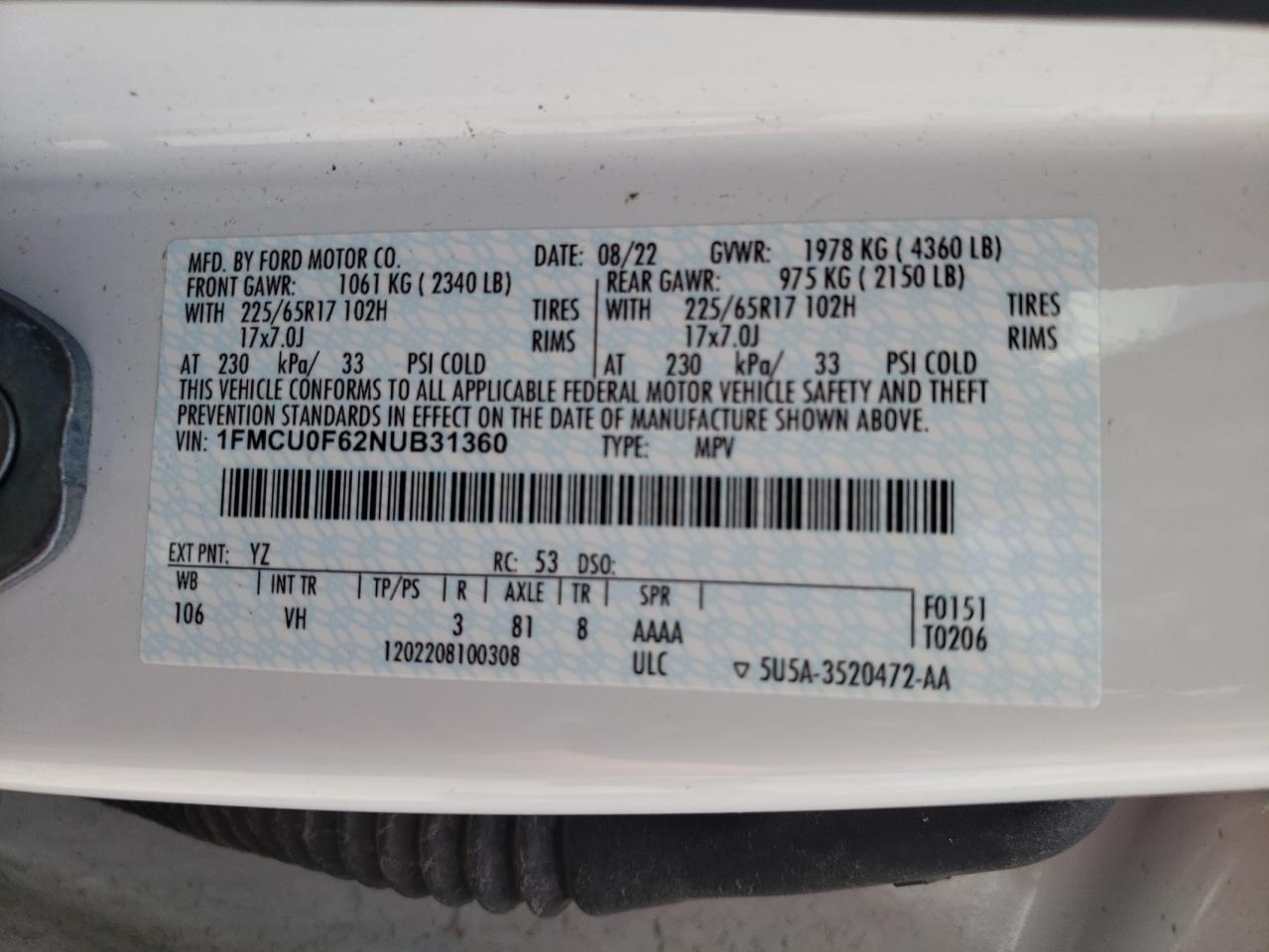 2022 Ford Escape S VIN: 1FMCU0F62NUB31360 Lot: 65070084