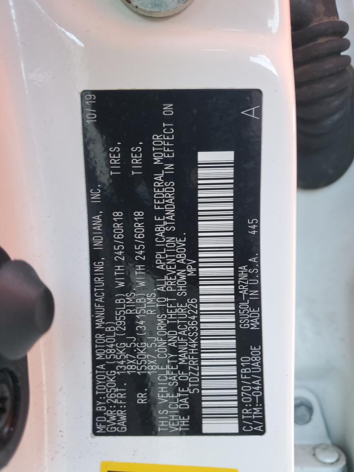 2019 Toyota Highlander Le VIN: 5TDZZRFH4KS364226 Lot: 65031454