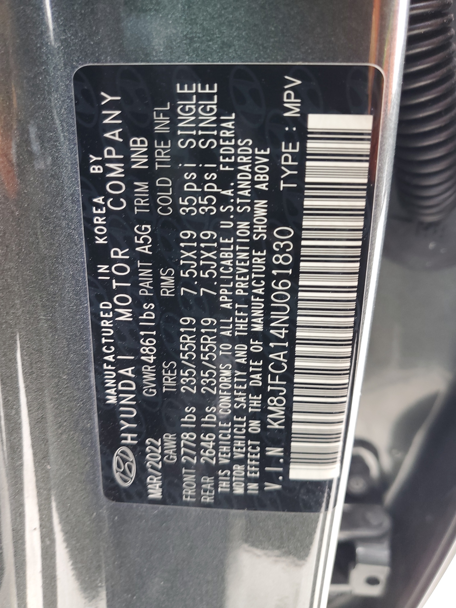 KM8JFCA14NU061830 2022 Hyundai Tucson Sel Convenience