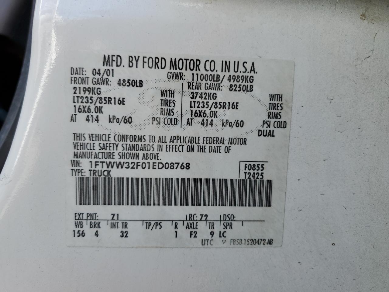 1FTWW32F01ED08768 2001 Ford F350 Super Duty